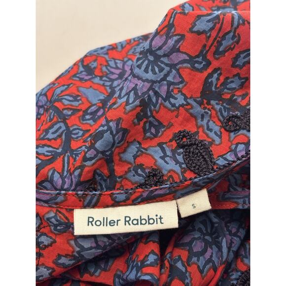 ROLLER RABBIT Red/Blue Floral Kurta Maxi KAFTAN/DRESS w/Tassels/Soutache Braid - Picture 2 of 8